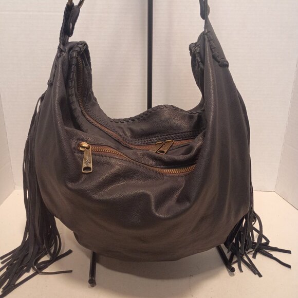 PATRICIA NASH "Vincenzo" Dark Navy Leather Super Slouchy Big Hobo Bag w Fringe - Picture 4 of 15